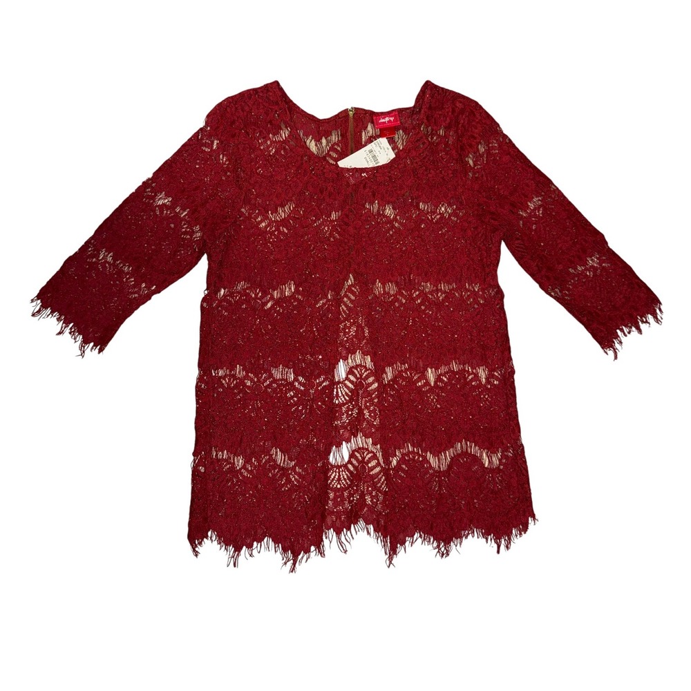 Daytrip Lace Top Womens Small Red 3/4 Sleeve Back Zip Scalloped Hem